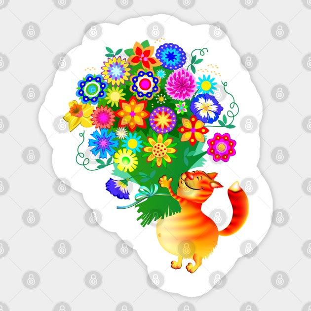 Cat with bouquet of flowers Sticker by Artist Natalja Cernecka